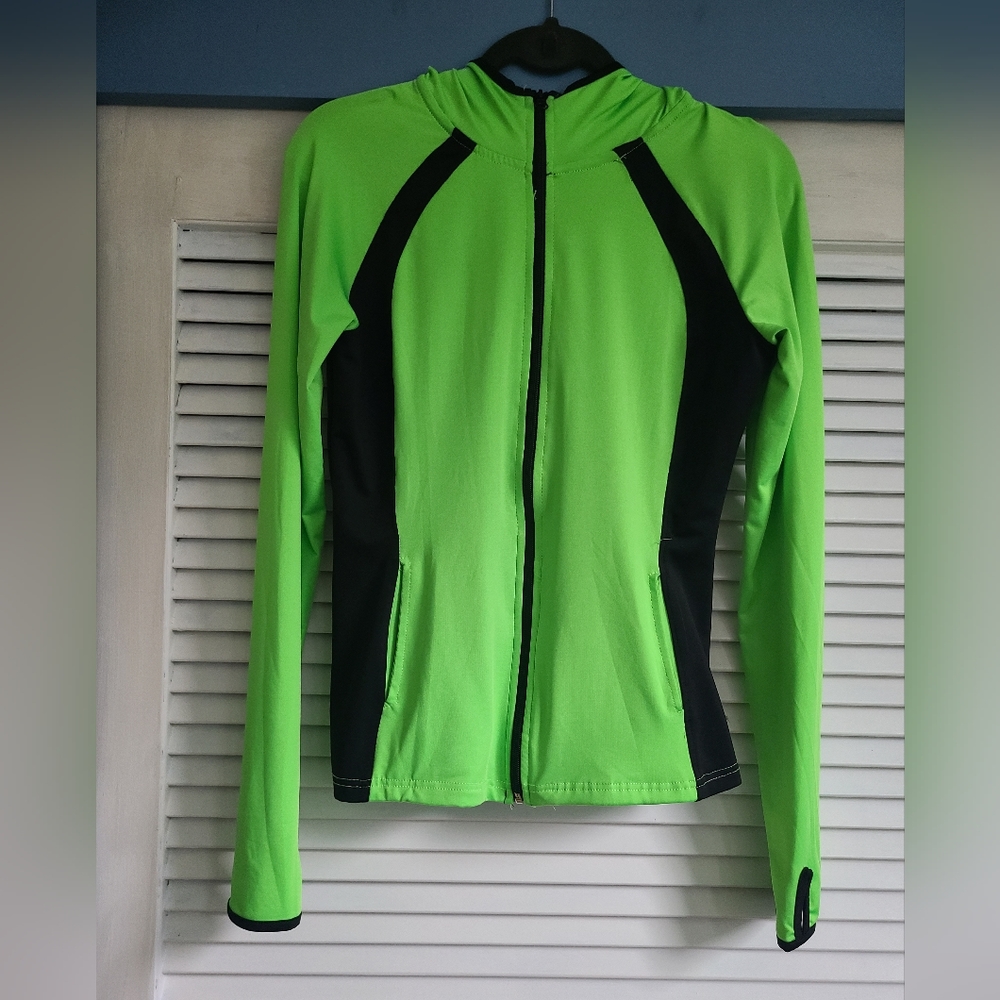 Docefit neon green running jacket with thumb holes and hood | Size medium